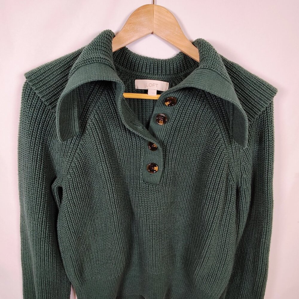 Loft Women's Large Green Ribbed Collared Sweater - Picture 3 of 10